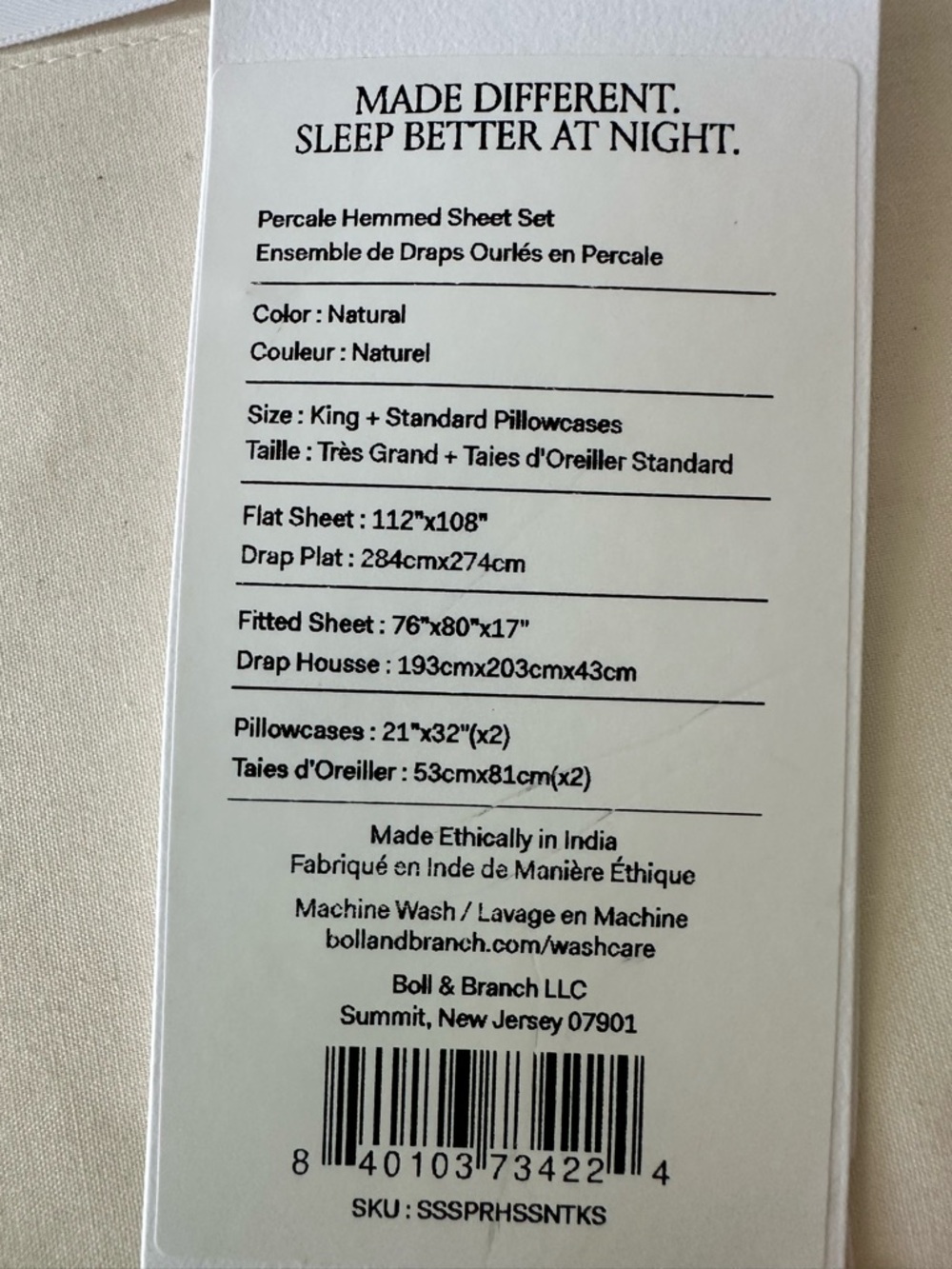 Boll & Branch Percale Hemmed Sheet Set — Ivory - Picture 3 of 10